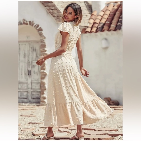 PRETTYGARDEN Women's Boho Dress Short Sleeve V Neck Swiss Dot Ruffle Tiered Maxi - Picture 10 of 16